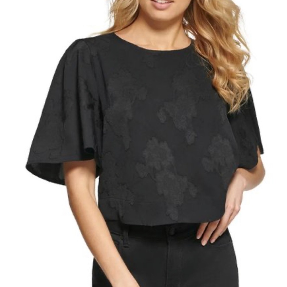 DKNY | Black Floral Crop Flutter-Sleeve Top✨